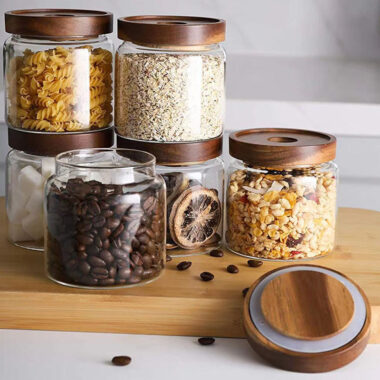 Wholesale airtight transparent glass food storage jars bamboo lid