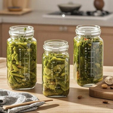 Transparent pickle jars for bulk kitchen food storage
