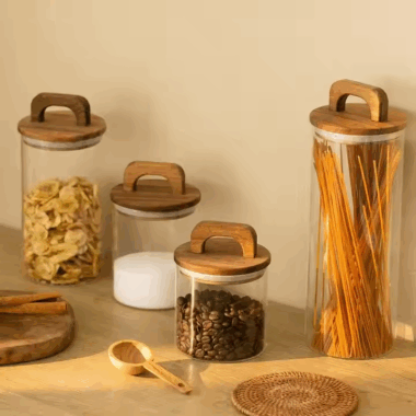 Airtight wooden lid glass food storage jars for kitchen factory