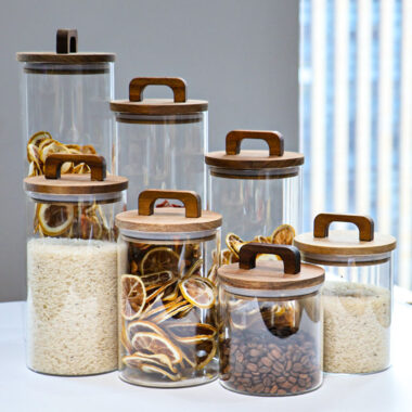 Airtight wooden lid glass food storage jars for kitchen factory