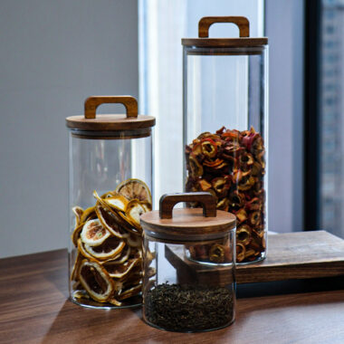 Airtight wooden lid glass food storage jars for kitchen factory