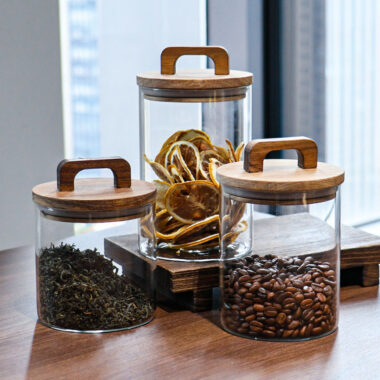 Airtight wooden lid glass food storage jars for kitchen factory
