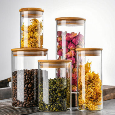 Custom square and round glass food storage jars for kitchen
