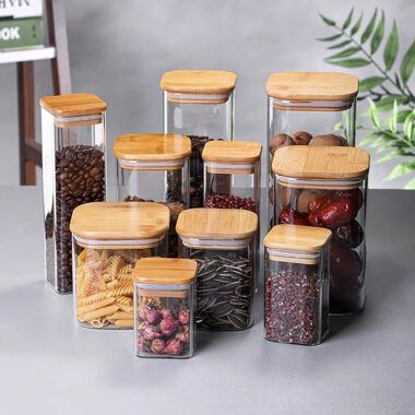 Custom square and round glass food storage jars for kitchen
