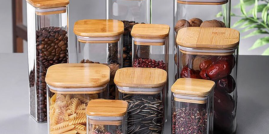 Kitchen glass food storage jars in square and round design (4) Custom square and round glass food storage jars for kitchen