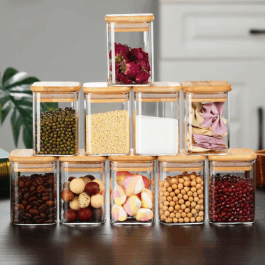Custom square and round glass food storage jars for kitchen