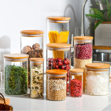 Custom square and round glass food storage jars for kitchen