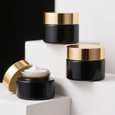 Black wide-mouth glass cosmetic jars for eye cream