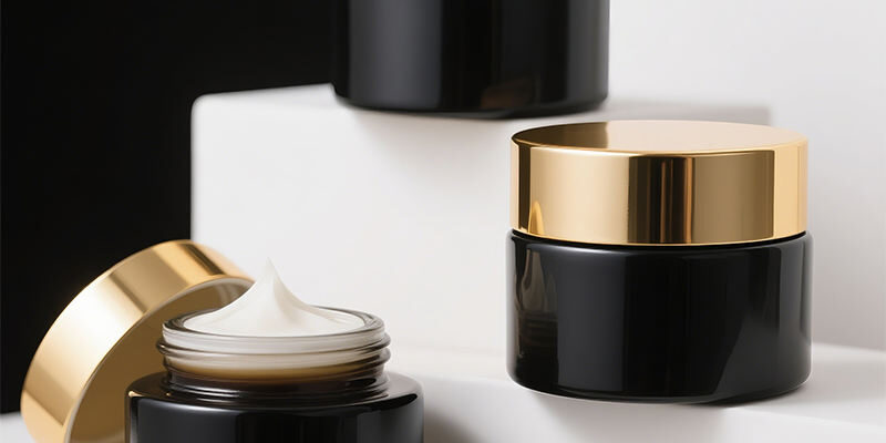 Black wide-mouth glass cosmetic jars for eye cream