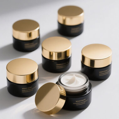 Black wide-mouth glass cosmetic jars for eye cream