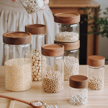Glass food storage jars for spices and coffee beans