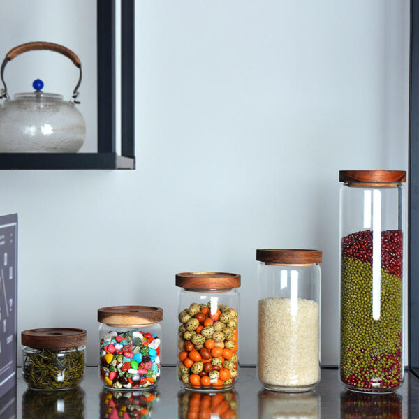 Glass food storage jars for spices and coffee beans