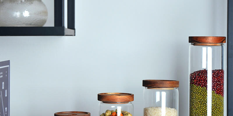 Glass food storage jars for spices and coffee beans