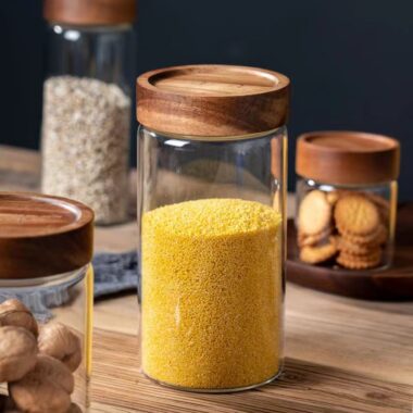 Glass food storage jars for spices and coffee beans