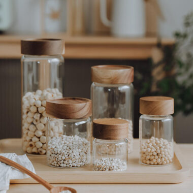 Glass food storage jars for spices and coffee beans