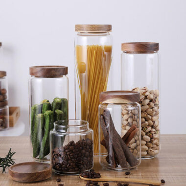 Glass food storage jars for spices and coffee beans