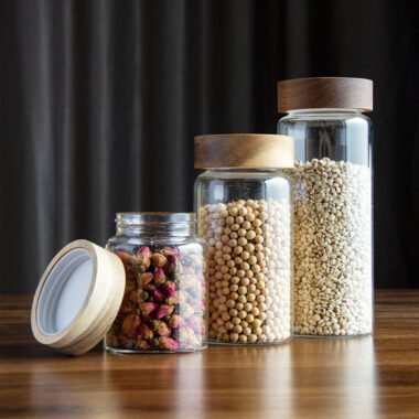 Glass food storage jars for spices and coffee beans
