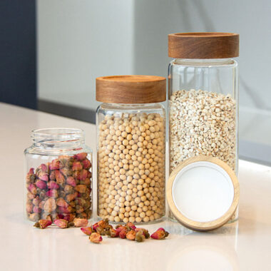 Glass food storage jars for spices and coffee beans