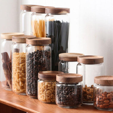 Glass food storage jars for spices and coffee beans