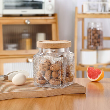 Embossed airtight glass food storage jars with lid for kitchen