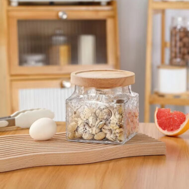 Embossed airtight glass food storage jars with lid for kitchen