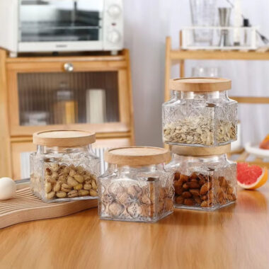 Embossed airtight glass food storage jars with lid for kitchen