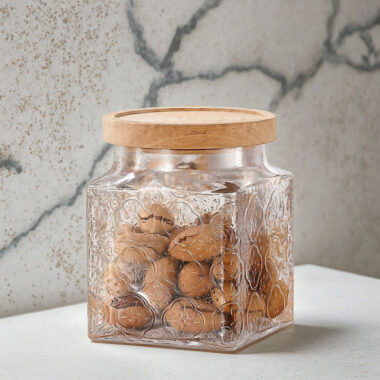 Embossed airtight glass food storage jars with lid for kitchen