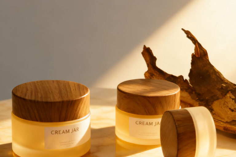 Minimalist glass cosmetic jars with wooden lid for skincare