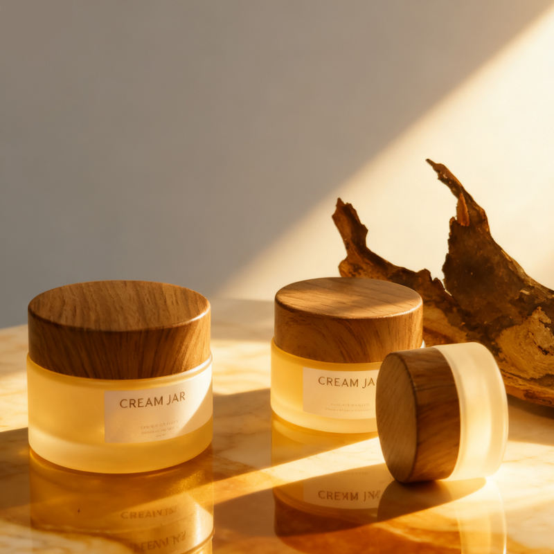 Minimalist glass cosmetic jars with wooden lid for skincare