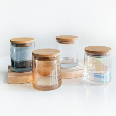 Luxury iridescent glass candle jars with wooden lid