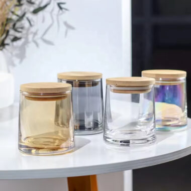 Luxury iridescent glass candle jars with wooden lid