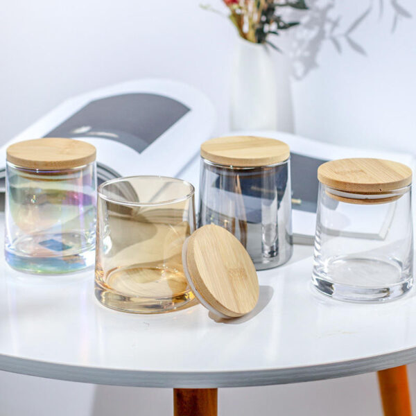 Luxury iridescent glass candle jars with wooden lid
