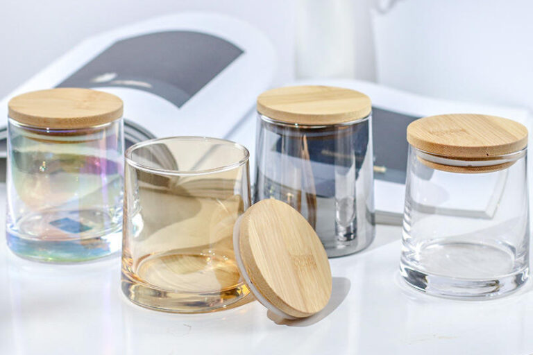 Luxury iridescent glass candle jars with wooden lid