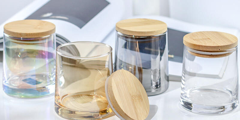 Luxury iridescent glass candle jars with wooden lid