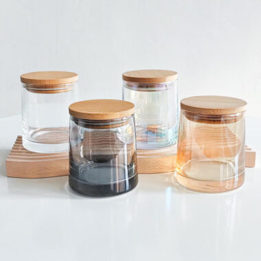 Luxury iridescent glass candle jars with wooden lid