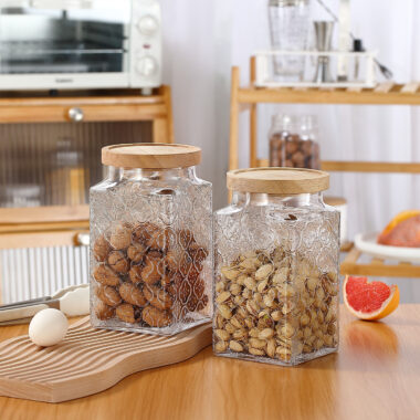 Square embossed glass food storage jars with lid for kitchen