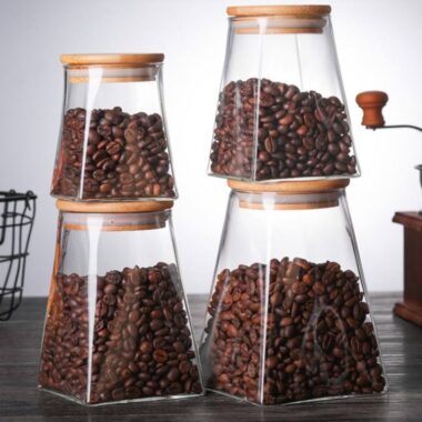 Airtight glass food storage jars with bamboo lids for kitchen
