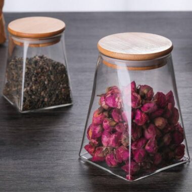 Airtight glass food storage jars with bamboo lids for kitchen