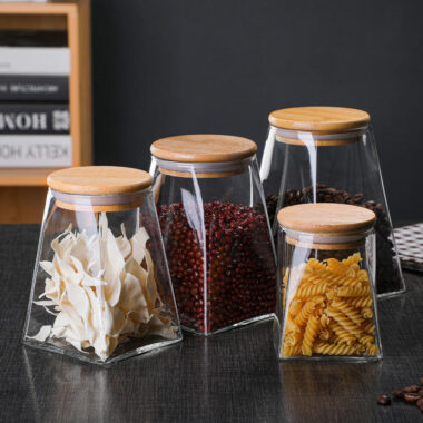Airtight glass food storage jars with bamboo lids for kitchen