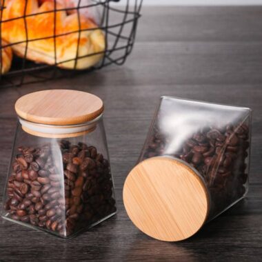 Airtight glass food storage jars with bamboo lids for kitchen