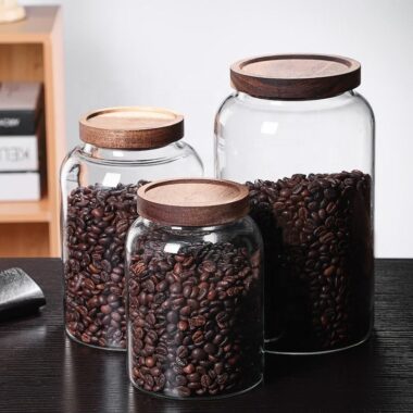 Modern glass food storage jars for household kitchen