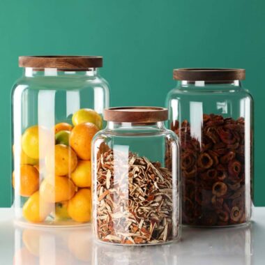 Modern glass food storage jars for household kitchen