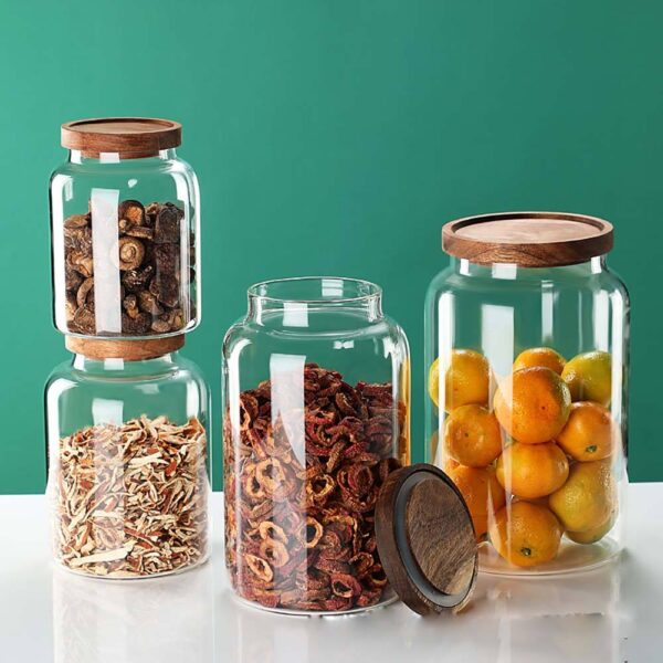 Modern glass food storage jars for household kitchen
