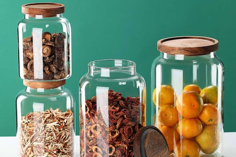 Modern glass food storage jars for household kitchen