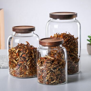 Modern glass food storage jars for household kitchen