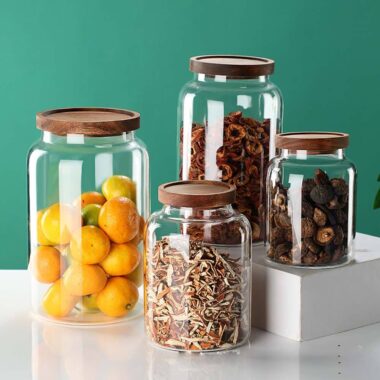 Modern glass food storage jars for household kitchen